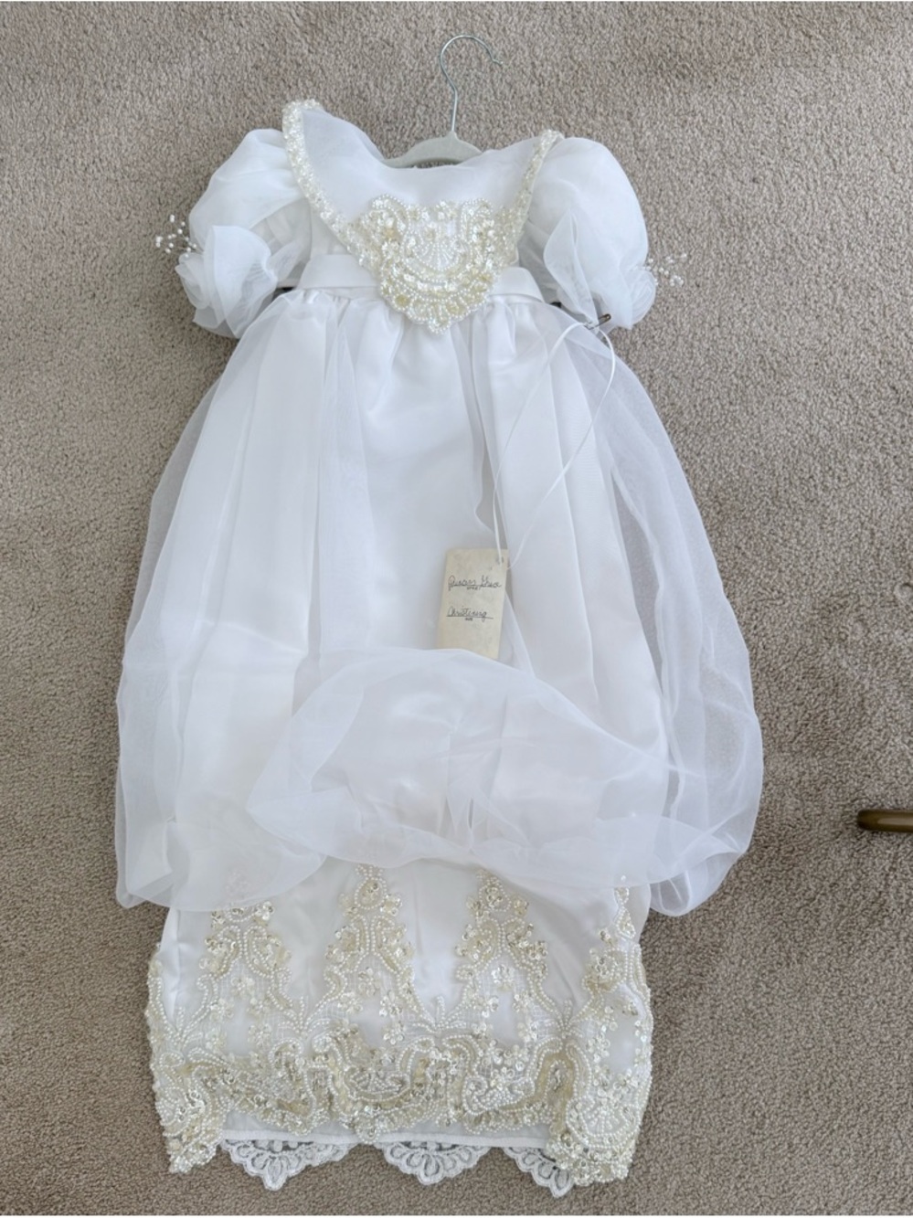 Ivory Pearl-Embellished baby girl christenings gown with pillbox hat custom made - Picture 7 of 11